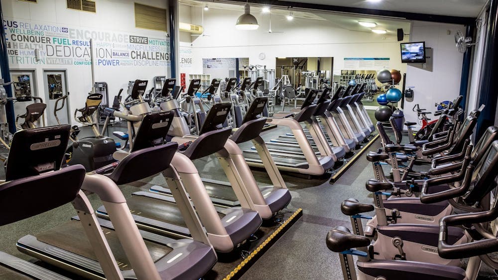 Two rows of treadmills and a row of stationary bikes in the Health Club