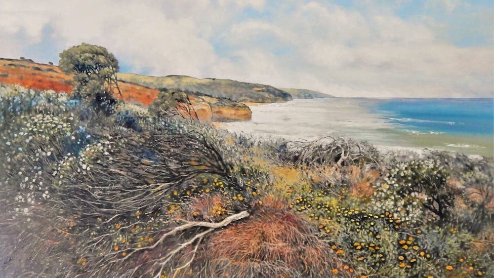 Painting of a coastal scene by Stella Clarke