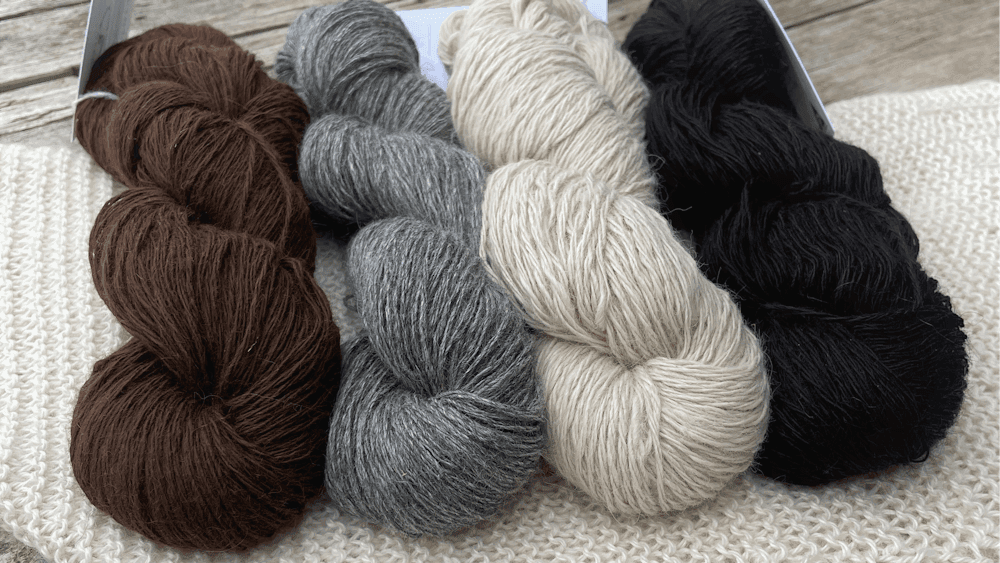 Picture shows four different natural coloured suri yarns and a  bit of sample knitted shawl