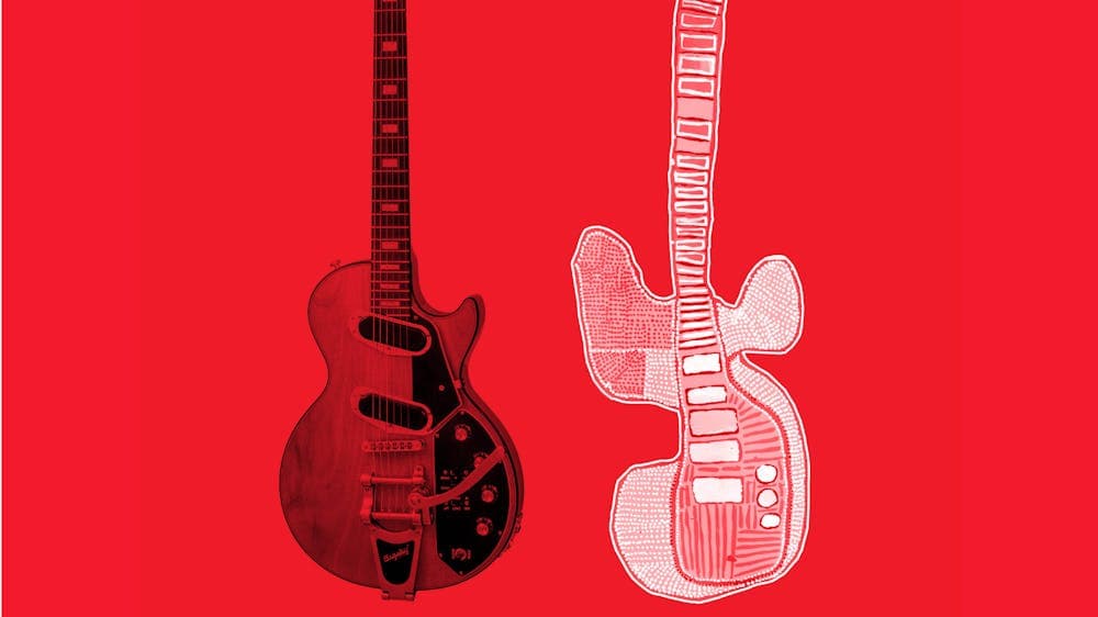 image of 2 guitars on red background