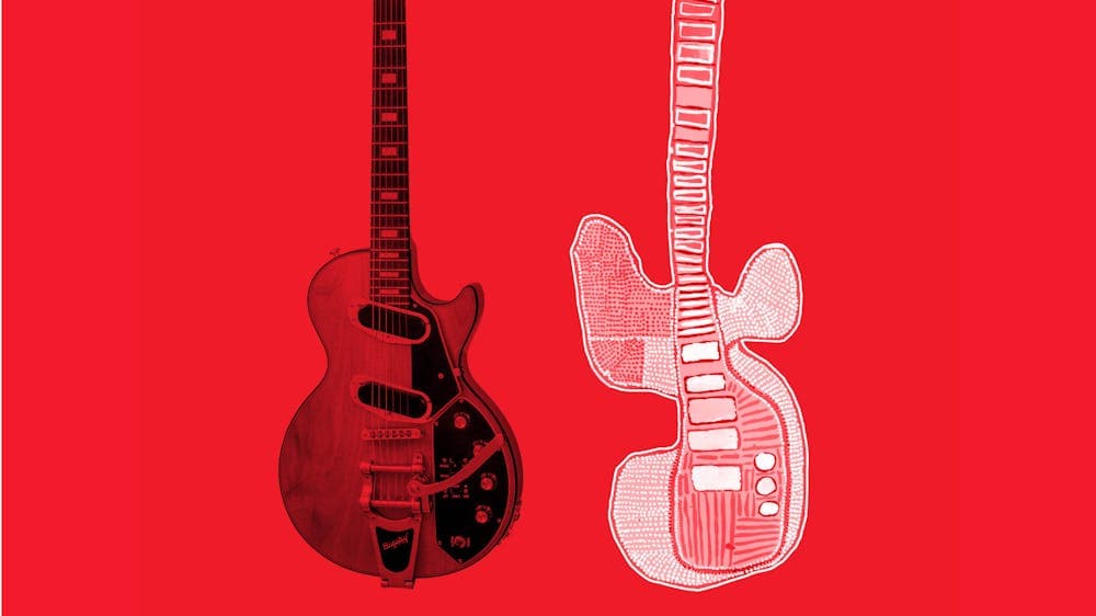 illustration of guitars on a red background