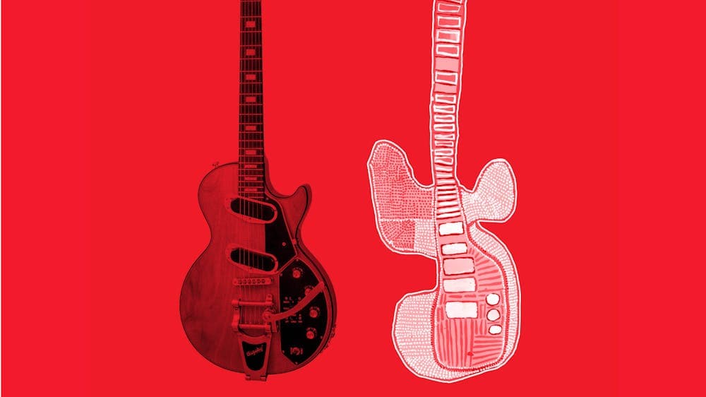 illustration of guitars on a red background