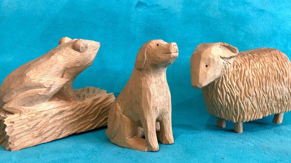 Handcarved 3D wooden sheep, frog and dog