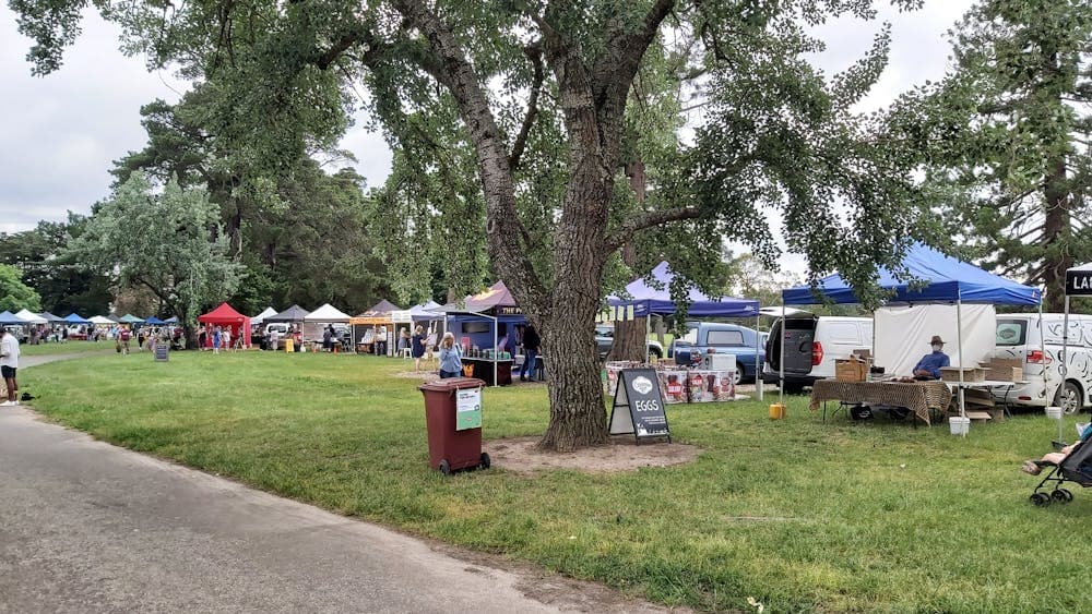 Road in foreground, market stalls with customers under tree