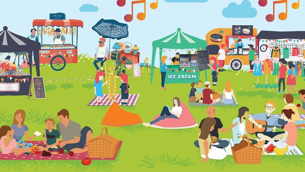 event poster design showing multiple people at a picnic, food vendors and stalls in the background