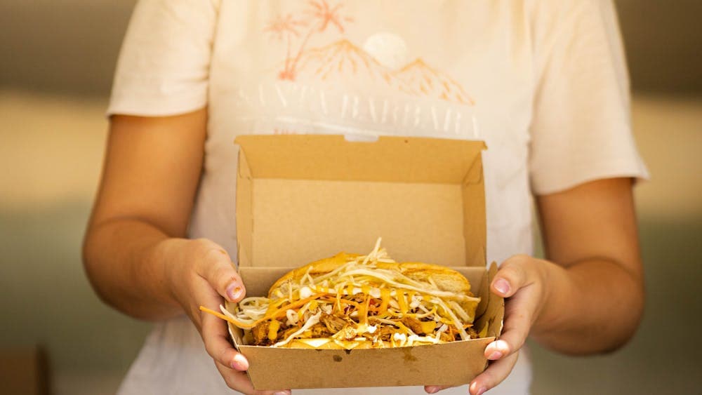 Close up of take-away food in a container being handed from a food vendor