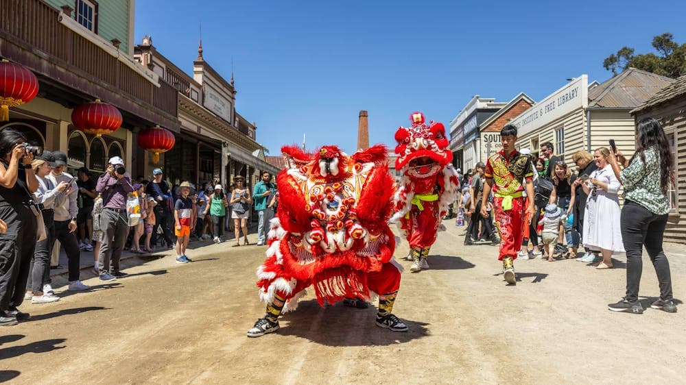 Chinese dragon and lion dance on Main Street at Sovereign Hill