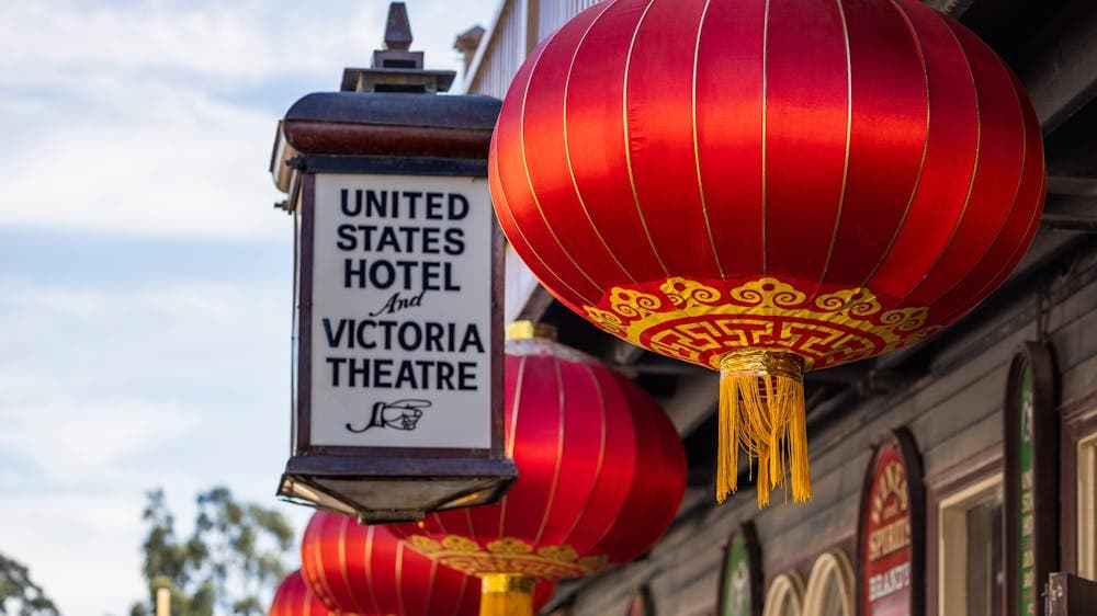 Red lanterns hanging on Sovereign Hill buildings