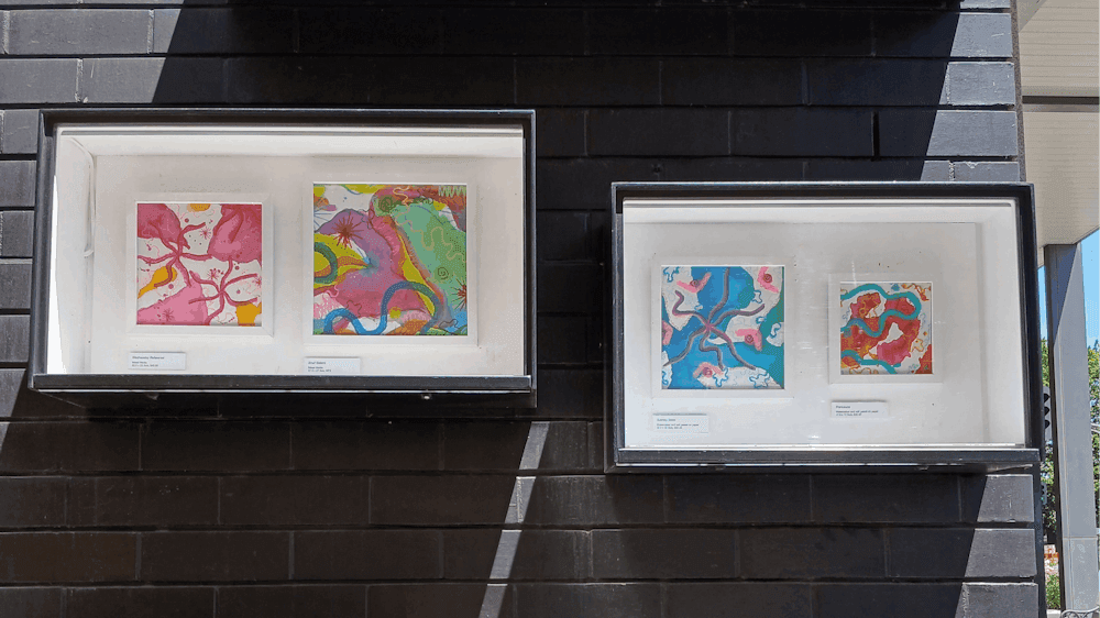 Two outdoor gallery boxes showing four pieces of brightly coloured abstract paintings.