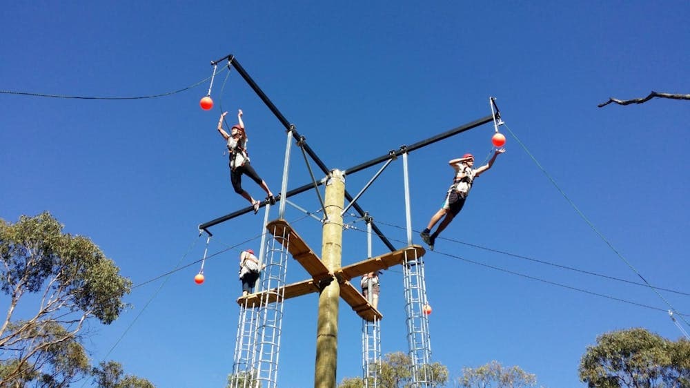 Four people at the top of a Leap of Faith activity. Two are jumping.