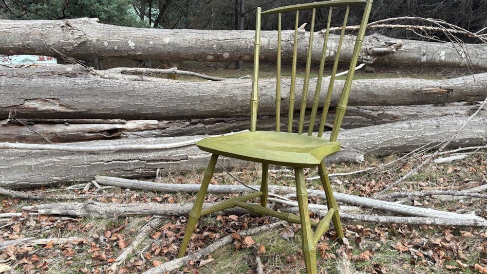 Green democratic chair positioned outside with bark on the ground and timber in the background