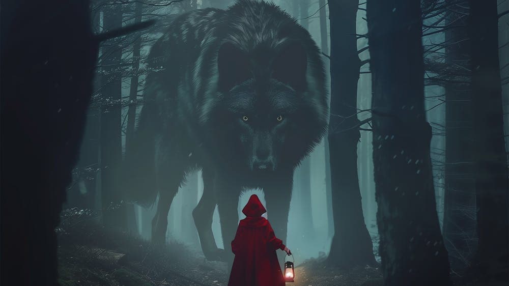 Red Riding Hood confronting the wolf