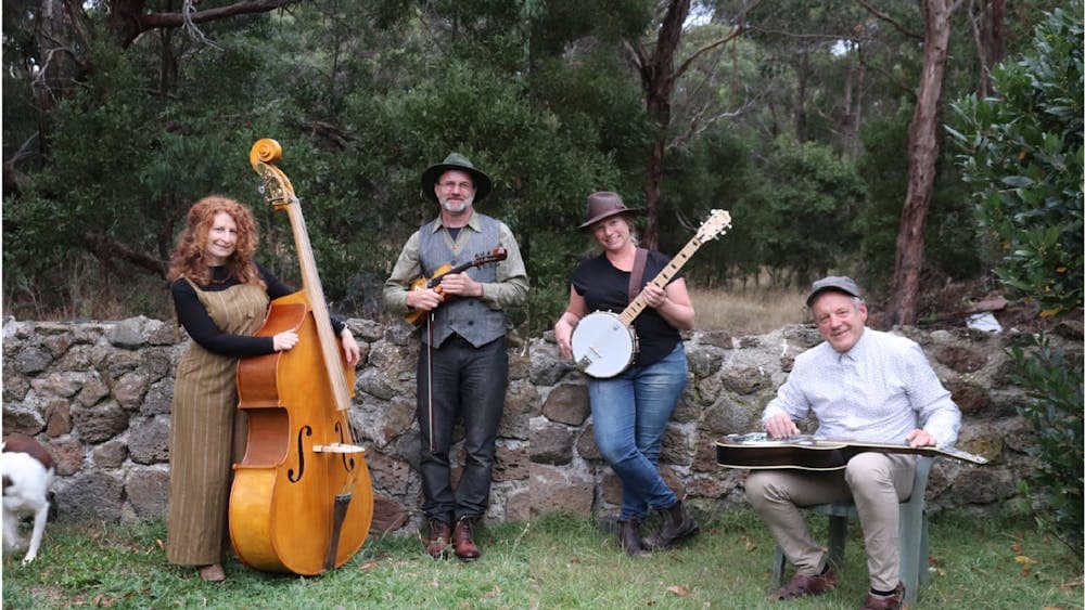 The Hardies Hillbilles sitting against a wall in the garden with their instruments