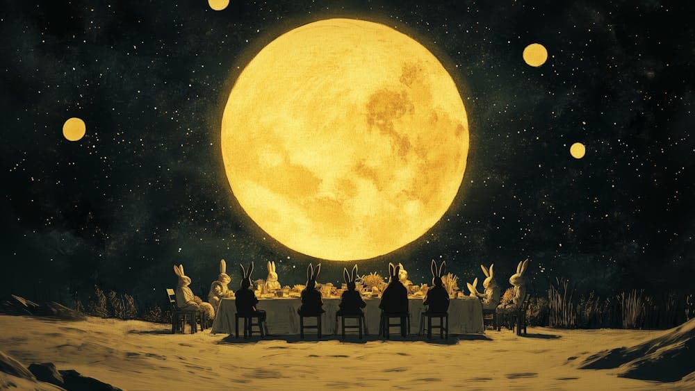 Anthropomorphic rabbits at a large table under a large yellow moon