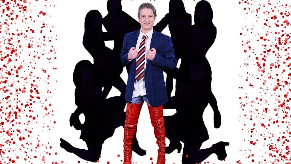 Man in thigh high red boots in front of a silhouette of drag queens.