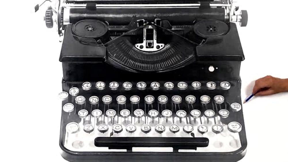 Type writer that has been hand drawn. There is a hand in the corner with a pencil