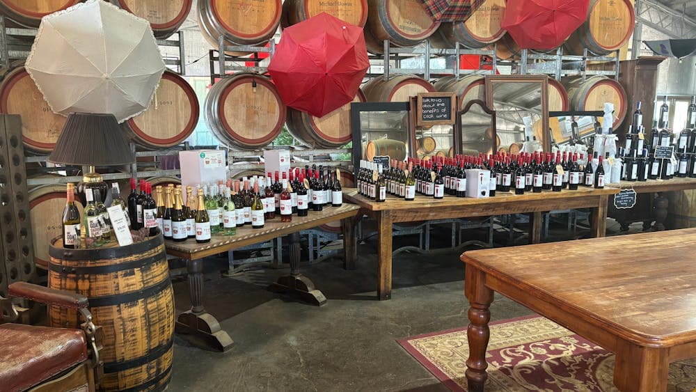 Bench of wines inside winery