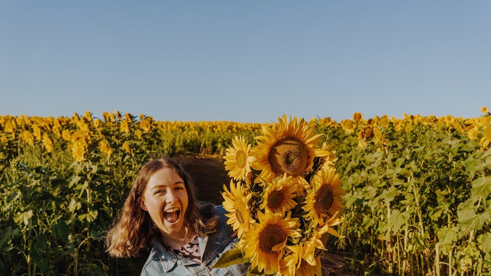 Lady in Sunflower Field Holding Flowers