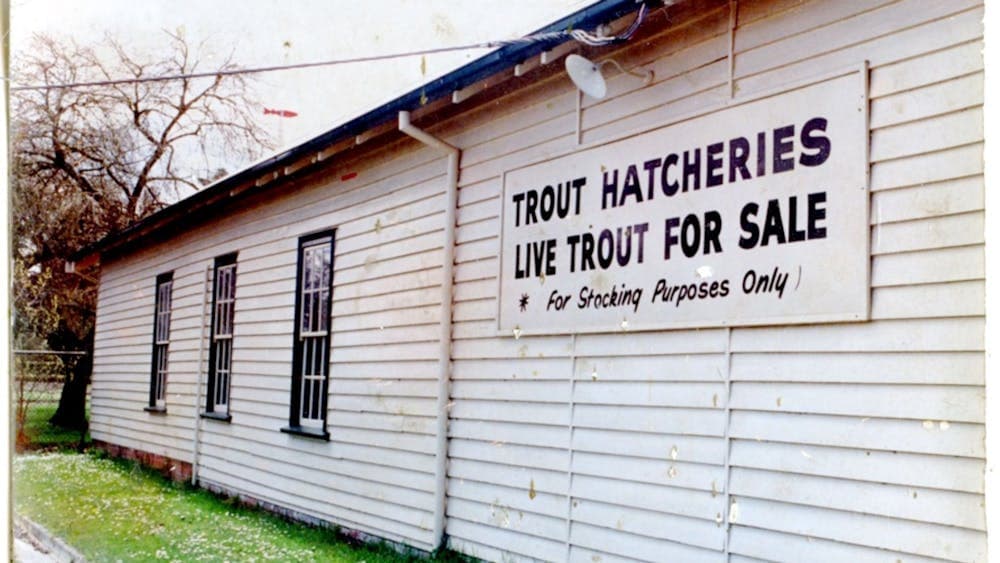 Sideview of the Fish Hatchery building and sign reading Trout Hatcheries Live Trout For Sale