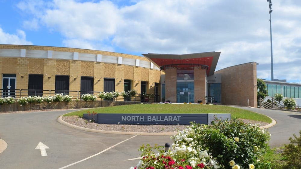 Blue sky with North Ballarat Sports Club entrance in foreground