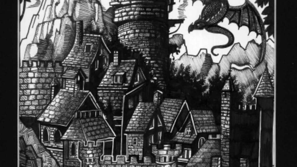 Black and white ink drawing of a medieval castle with a dragon flying above