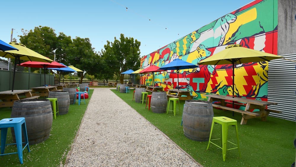 Accessible beer garden with mural. Timber bench seats.