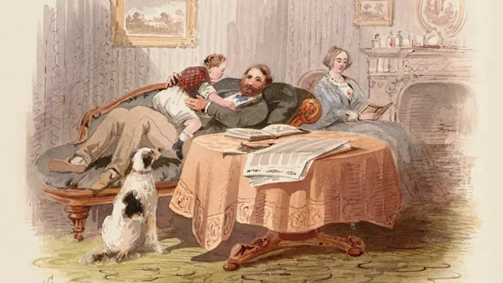 19th century colour sketch of a man with child on lap with woman seated in the background reading