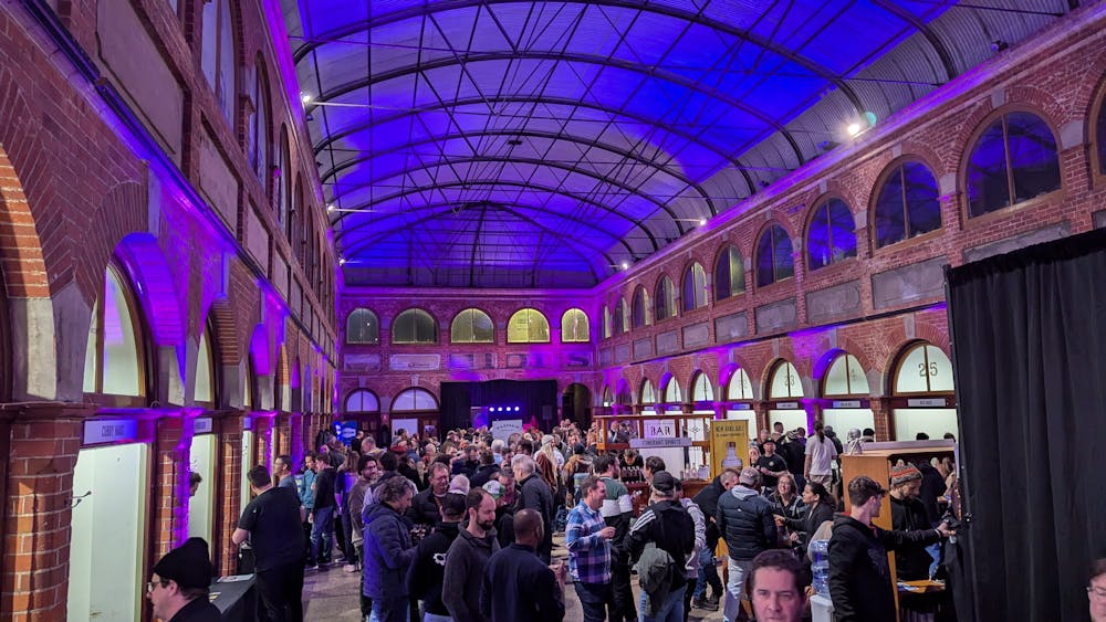 Wide shot of Mining Exchange with crowd