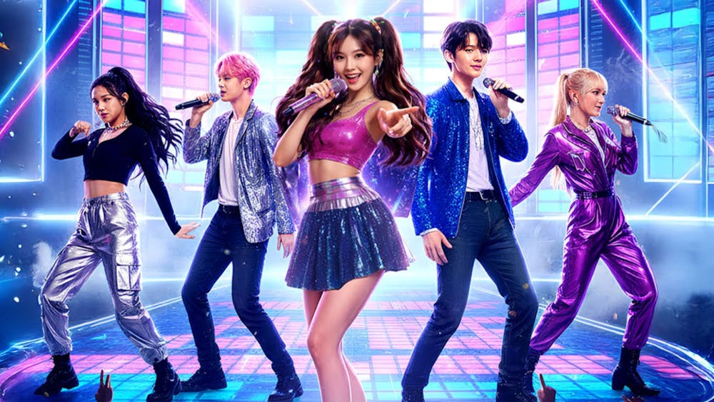 A bright highly stylised image of a k-pop group of boys and girls dancing in shiny costumes